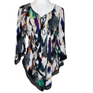 cha cha vente Cascade Abstract Scoop Neck Cut Out Tie Up Top Blouse XL